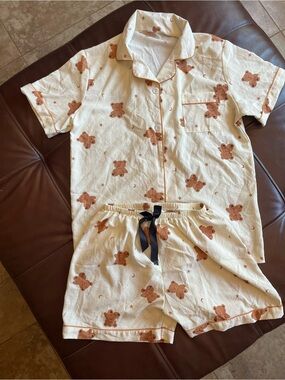 Cream Short Pajama Set with Brown Teddy Bear Print
